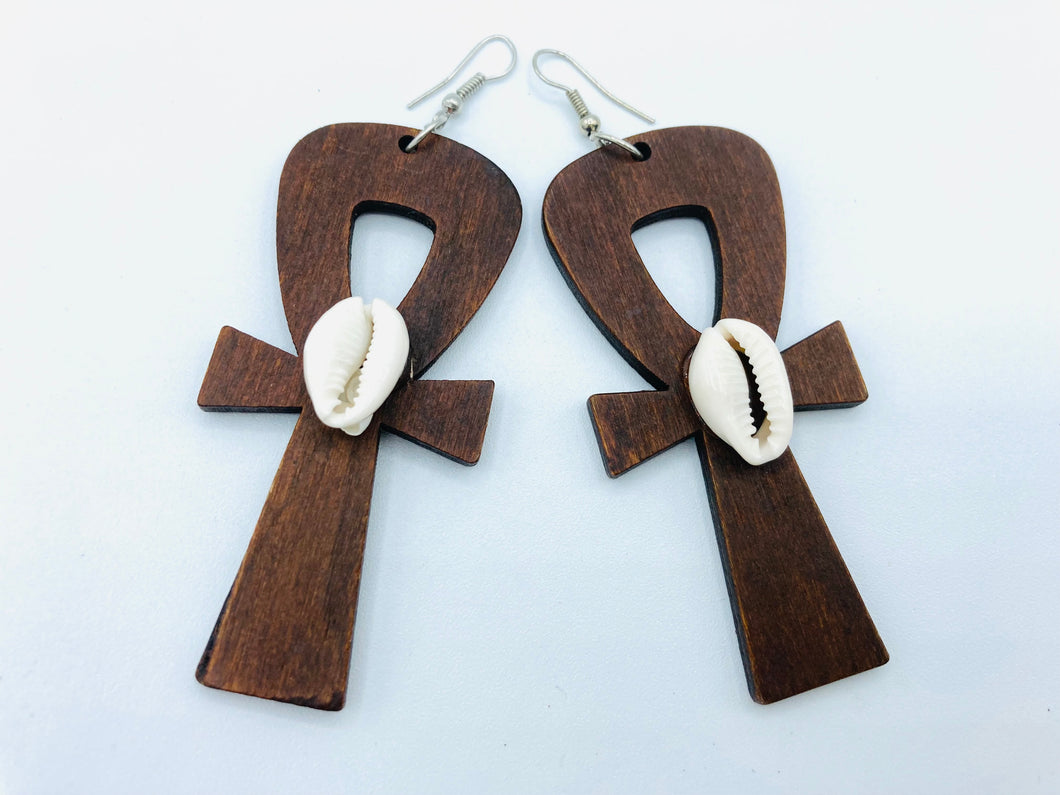 Brown Ankh Earrings with Cowry Shells
