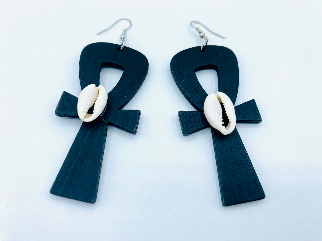 Black Ankh Earrings with Cowry Shells
