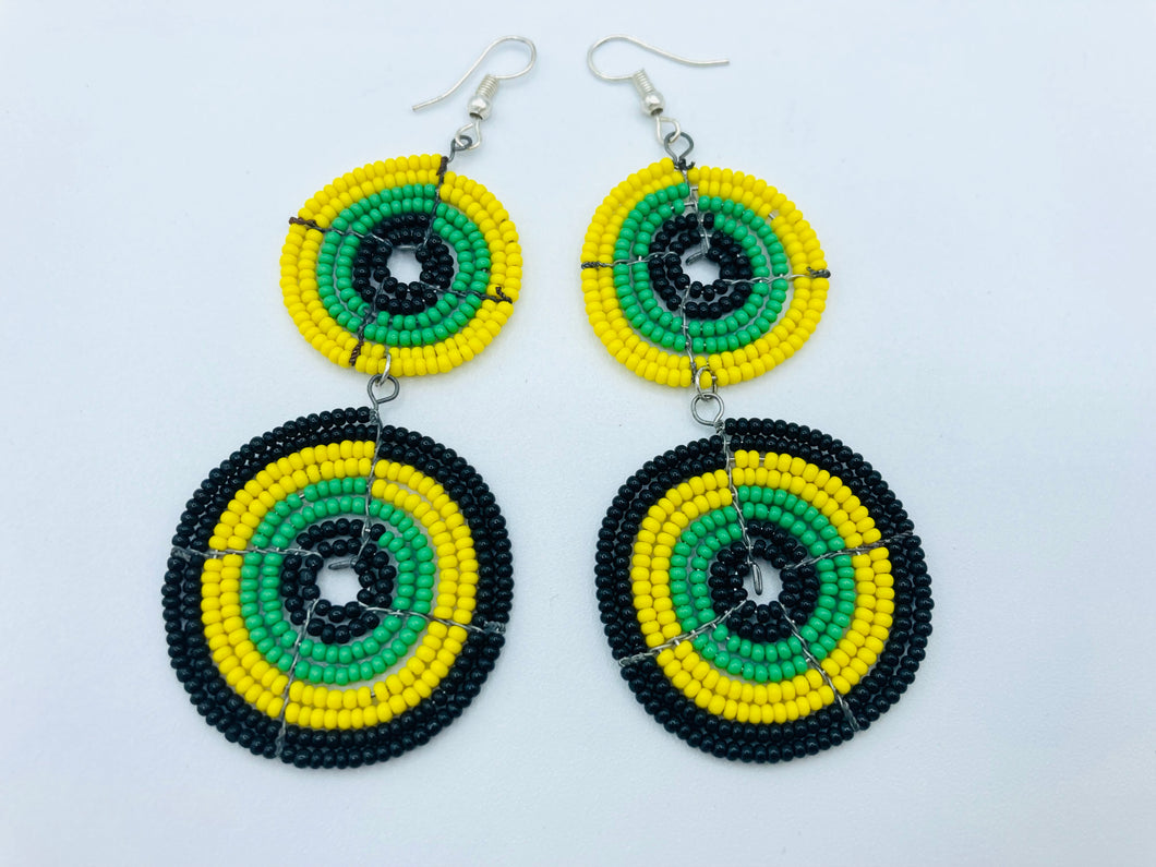 Colorful Beaded Two Tiered Circle Earrings in Yellow, Green + Black