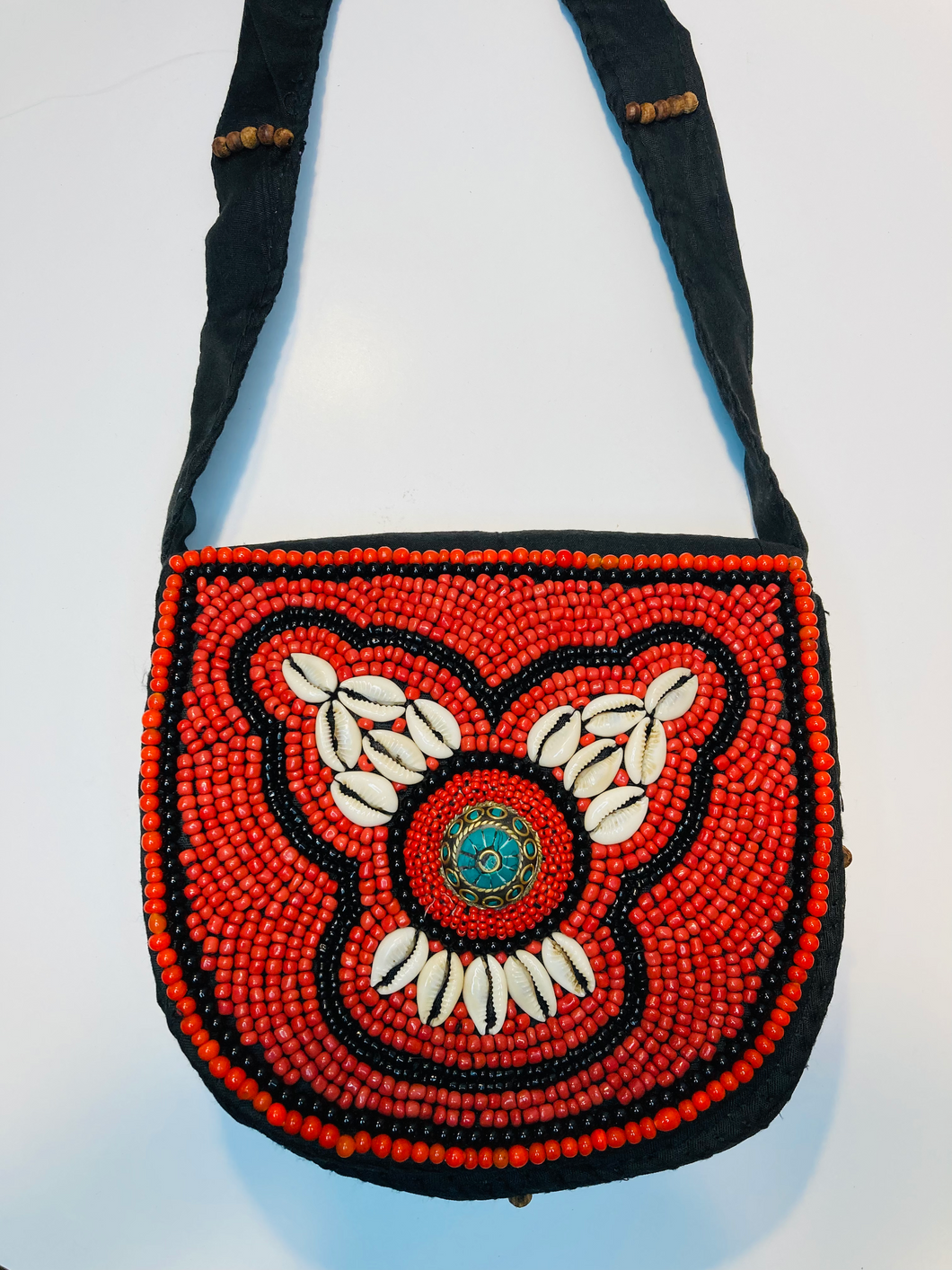 Rounded Beaded Shoulder Bag with Cowrie Shells