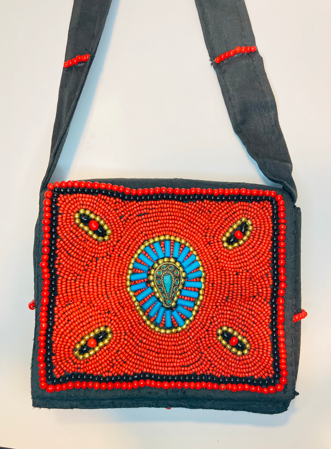 Beaded Shoulder Bag with Blue Accent