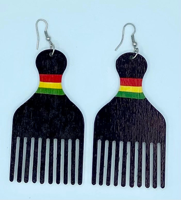 Pan-African Flag Afro Pick Wooden Earrings